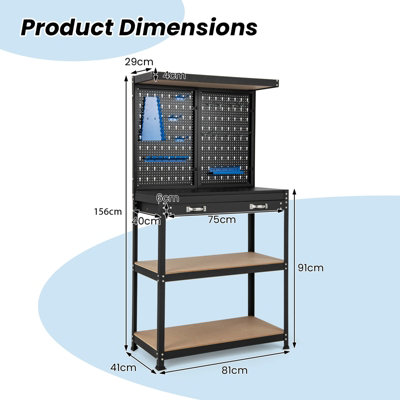 Costway Tool Storage Workbench w/ Pegboard Tool Organization Work Table for Garage