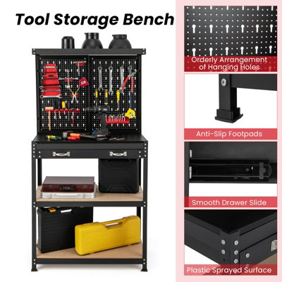Costway Tool Storage Workbench w/ Pegboard Tool Organization Work Table ...