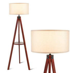 Costway Tripod Floor Lamp Wood Standing Lamp with Flaxen Lamp Shade and E27 Lamp Base