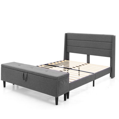 Costway Upholstered Bed Frame Platform Bed Frame w/ Ottoman Bench & Headboard