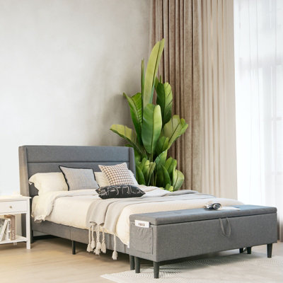 Costway Upholstered Bed Frame Platform Bed Frame w Ottoman Bench Headboard