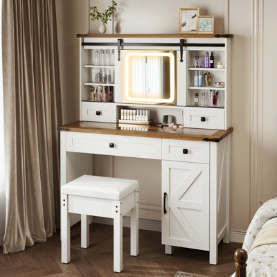 COSTWAY Vanity Desk w/ Sliding Mirror & Dimmable LED Lights Dressing Table & Stool Set White & Brown