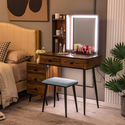 COSTWAY Vanity Table Set Modern Dressing Table w/ 3-Color Mirror & Drawers  Dresser Desk