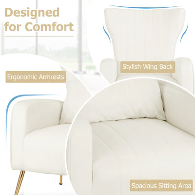 Costway Velvet Upholstered Wingback Chair Modern Single Sofa Chair w/ Lumbar Pillow