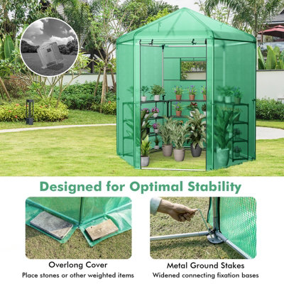 Costway Walk-in Greenhouse Planter Grow Tent Hexagon Grow House W/ Roll-up Zippered Door - 6