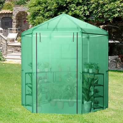 Costway Walk-in Greenhouse Planter Grow Tent Hexagon Grow House W/ Roll-up Zippered Door - 9