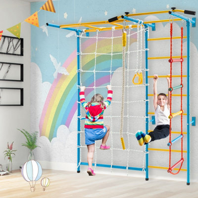 Costway Wall Bars Kids Metal Swedish Ladder w/Gym Rings & Climbing