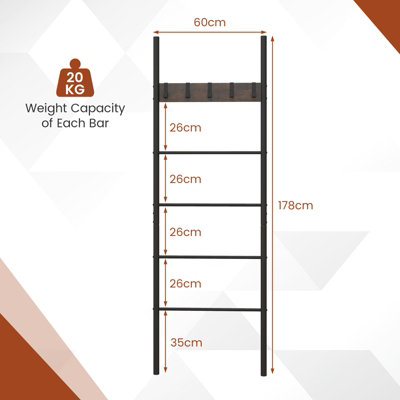 Costway Wall Leaning Industrial Blanket Holder Rack 5-Tier Ladder Shelf with 5 Hooks