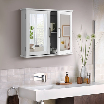 Costway Wall Mounted Bathroom Mirror Cabinet Wooden Storage Cupboard w Double Doors