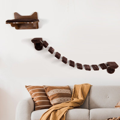 Costway Wall Mounted Cat Shelf and Ladder Wooden Cats Bridge Perch Platform Detachable