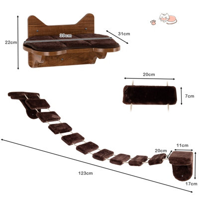 Costway Wall Mounted Cat Shelf and Ladder Wooden Cats Bridge Perch Platform Detachable