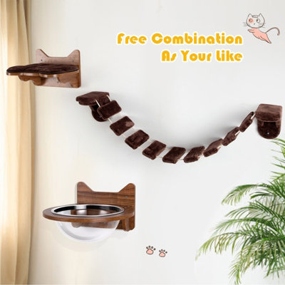 Costway Wall Mounted Cat Shelf and Ladder Wooden Cats Bridge Perch Platform Detachable - 6