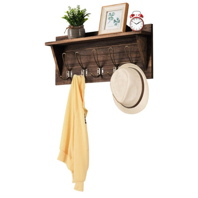 Costway Wall-Mounted Coat Rack Shelf Wooden Hook Rack Entry Shelf w/ 5 Hooks