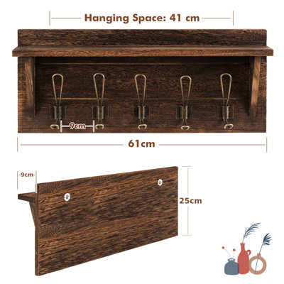 Costway Wall-Mounted Coat Rack Shelf Wooden Hook Rack Entry Shelf w/ 5 Hooks