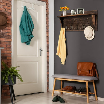 Costway Wall-Mounted Coat Rack Shelf Wooden Hook Rack Entry Shelf w/ 5 Hooks - 4