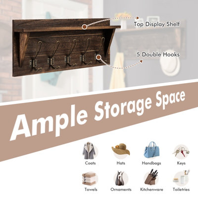 Costway Wall-Mounted Coat Rack Shelf Wooden Hook Rack Entry Shelf w/ 5 Hooks - 5