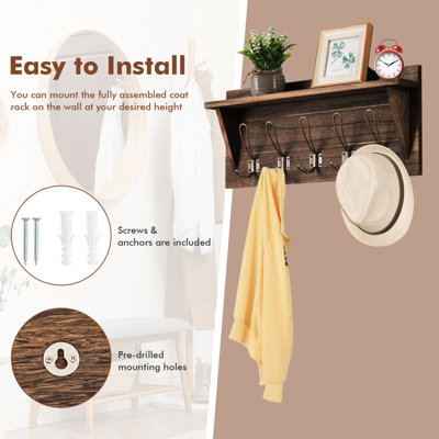 Costway Wall-Mounted Coat Rack Shelf Wooden Hook Rack Entry Shelf w/ 5 Hooks - 6