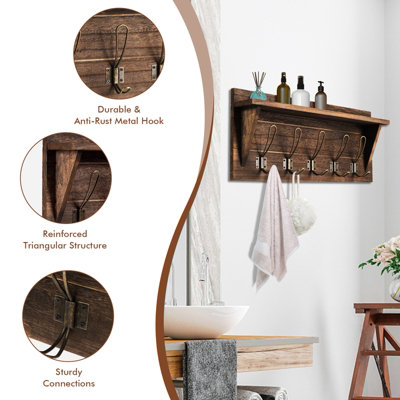 Costway Wall-Mounted Coat Rack Shelf Wooden Hook Rack Entry Shelf w/ 5 Hooks - 9