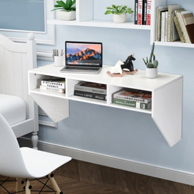 Costway Wall Mounted Floating Computer Desk Wood PC Working Studying Table W/ 3 Storage