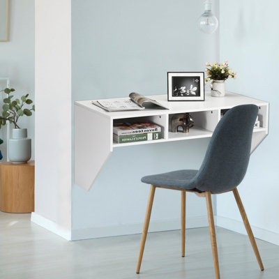 Costway Wall Mounted Floating Computer Desk Wood PC Working Studying Table W/ 3 Storage