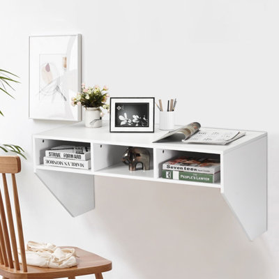 Costway Wall Mounted Floating Computer Desk Wood PC Working Studying Table W/ 3 Storage