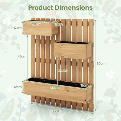Costway Wall Mounted Garden Planter Hanging Wooden Fencing Plant Container w/ Drainage Holes