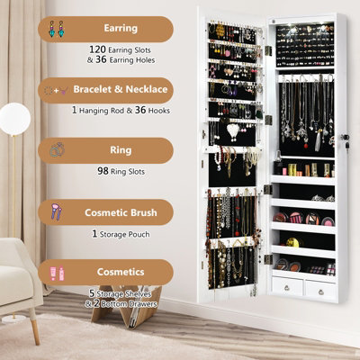 Costway Wall mounted Jewelry Storage Cabinet Door Hanging Jewelry Armoire w Full Mirror