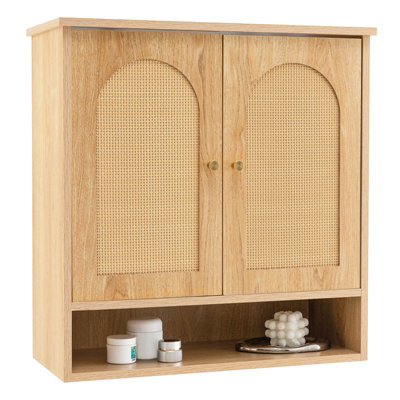 Costway Wall Mounted Storage Cabinet 3-Tier Bathroom Cabinet w/ 2 Rattan Doors