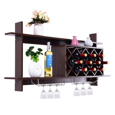 Costway Wall Mounted Wine Rack 10 Bottles 6 Glasses Display Holder Black Walnut