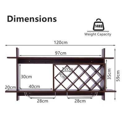 Costway Wall Mounted Wine Rack 10 Bottles 6 Glasses Display Holder Black Walnut