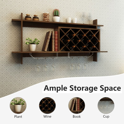 Costway Wall Mounted Wine Rack 10 Bottles 6 Glasses Display Holder Black Walnut - 4
