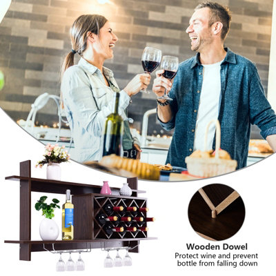 Costway Wall Mounted Wine Rack 10 Bottles 6 Glasses Display Holder Black Walnut - 5