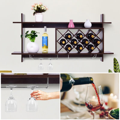 Costway Wall Mounted Wine Rack 10 Bottles 6 Glasses Display Holder Black Walnut - 7