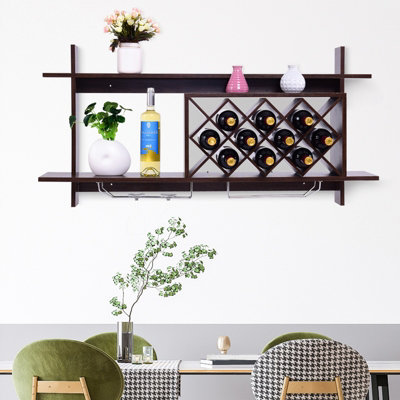 Costway Wall Mounted Wine Rack 10 Bottles 6 Glasses Display Holder Black Walnut - 8