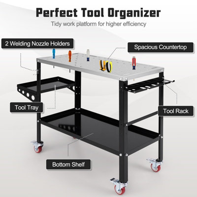 COSTWAY Welding Table 2-tier Rolling Welding Workbenchw/ Tool Rack & Tray