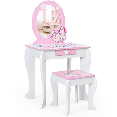 Costway White Kids Vanity Table and Chair Set W Mirror