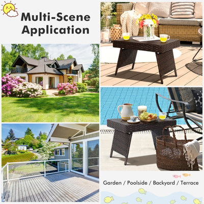 Costway Wicker Coffee Table  Folding Outdoor Patio Rattan Side Table - 3