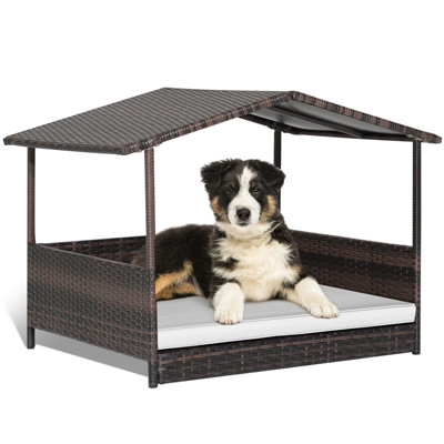 Costway Wicker Dog House Raised PE Rattan Dog Bed With Roof & Detachable Soft Cushion Price Comparisons | Compare The Build