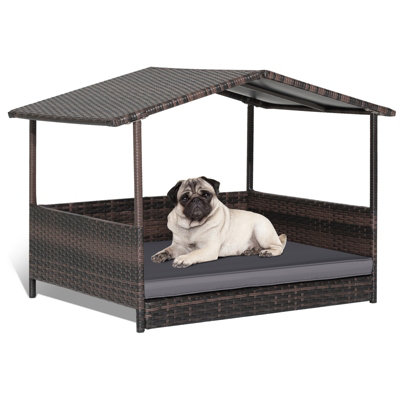 Costway Wicker Dog House Raised PE Rattan Dog Bed With Roof Detachable Soft Cushion