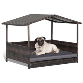 Costway Wicker Dog House Raised PE Rattan Dog Bed With Roof & Detachable Soft Cushion