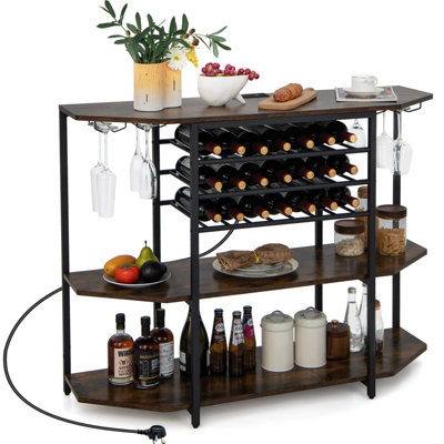 Costway Wine Bar Cabinet 3 Tier Industrial Wine Rack with Storage Shelves Glass Holder