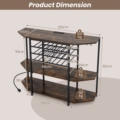 Costway Wine Bar Cabinet 3 Tier Industrial Wine Rack with Storage Shelves Glass Holder