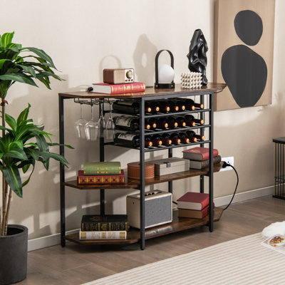 Costway Wine Bar Cabinet 3 Tier Industrial Wine Rack with Storage Shelves Glass Holder - 3