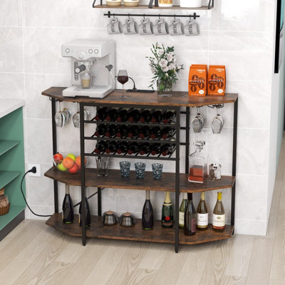 Costway Wine Bar Cabinet 3 Tier Industrial Wine Rack with Storage Shelves Glass Holder - 4
