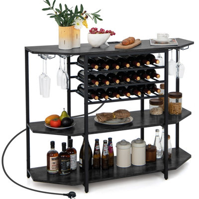 Costway Wine Bar Cabinet 3 Tier Industrial Wine Rack with Storage Shelves Glass Holder