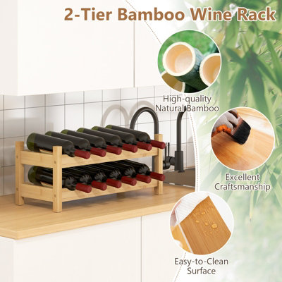 COSTWAY Wine Rack 12 Bottle Bamboo Wine Bottle Holder 2-Tier Wine Shelf for Countertop - 5