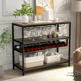 Costway Wine Rack Table Industrial Bar Cabinet w/ Wine Rack & 4 Rows of Glass Holders