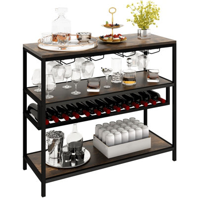 Costway Wine Rack Table Industrial Bar Cabinet w/ Wine Rack & 4 Rows of Glass Holders