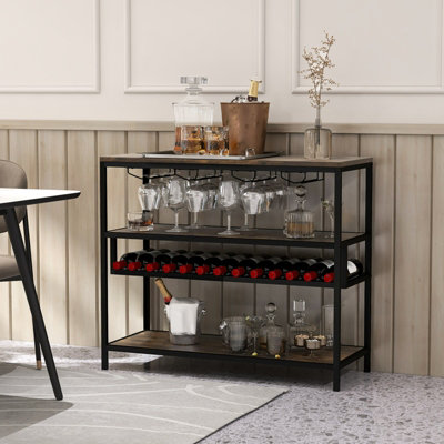 Costway Wine Rack Table Industrial Bar Cabinet w/ Wine Rack & 4 Rows of Glass Holders - 4