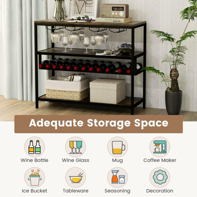 Costway Wine Rack Table Industrial Bar Cabinet w/ Wine Rack & 4 Rows of Glass Holders - 5